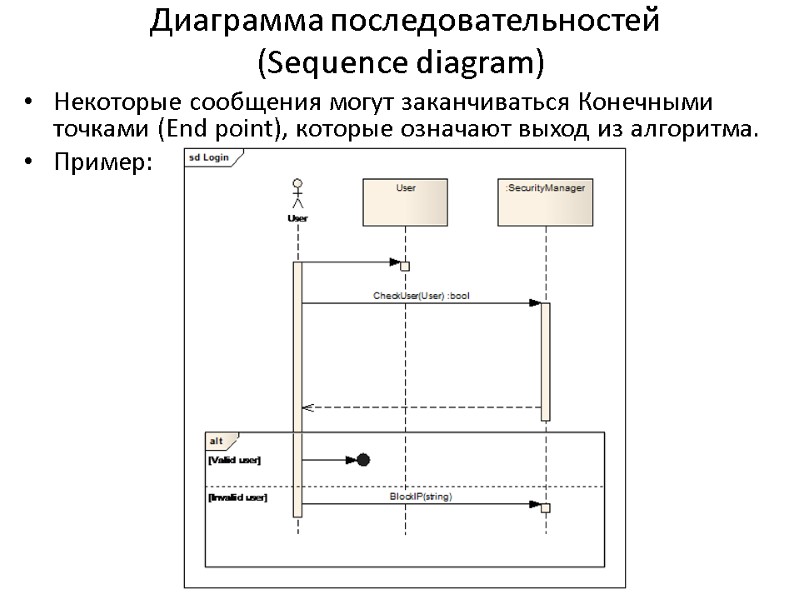 Диаграмма последовательностей  (Sequence diagram) Некоторые сообщения могут заканчиваться Конечными точками (End point), которые